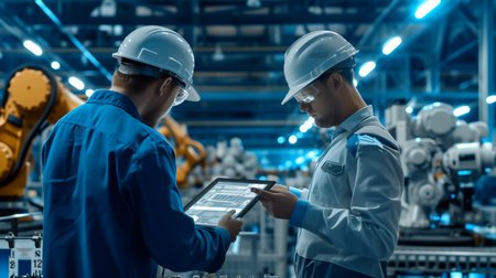 Experience transfer between a maintenance expert and a young technician in front of robotic arms in a 4.0 factory