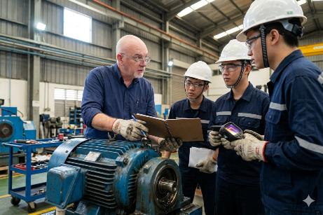 Pascal Flatrès en coaching terrain auprès de jeunes techniciens autour d'un moteur électrique